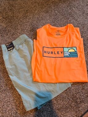 Men’s Hurley Bright Orange long sleeve Logo Tee with Light Blue VRST NWT Shorts